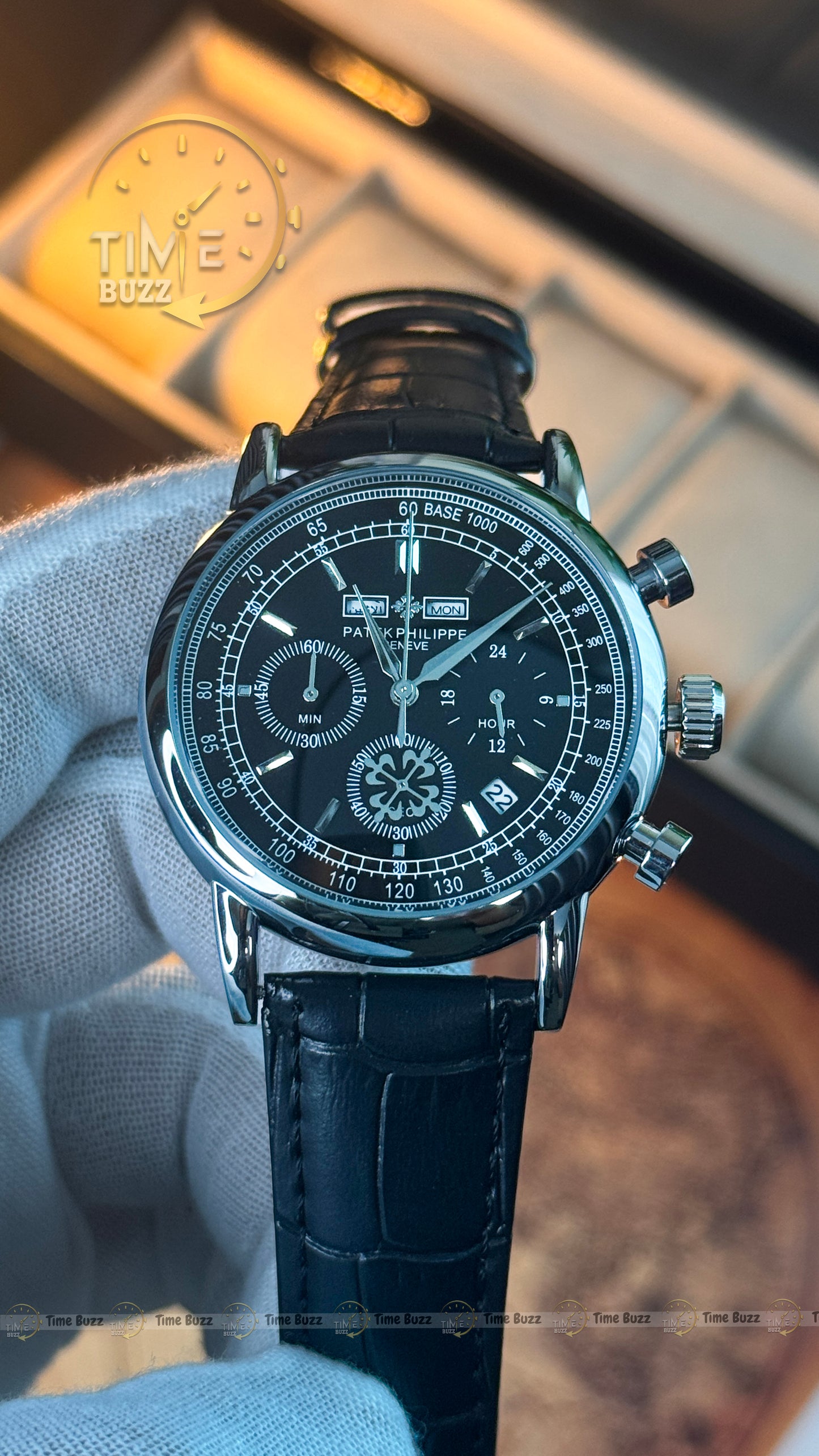 Patek Philippe Geneve Men's Chronograph Watch – Black Dial, Day-Date & Black Leather Strap