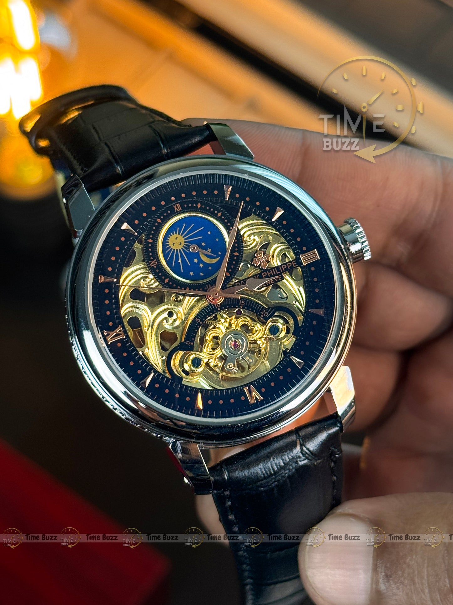 Patek Philippe Skeleton Moonphase Men’s Watch – Black Leather Strap