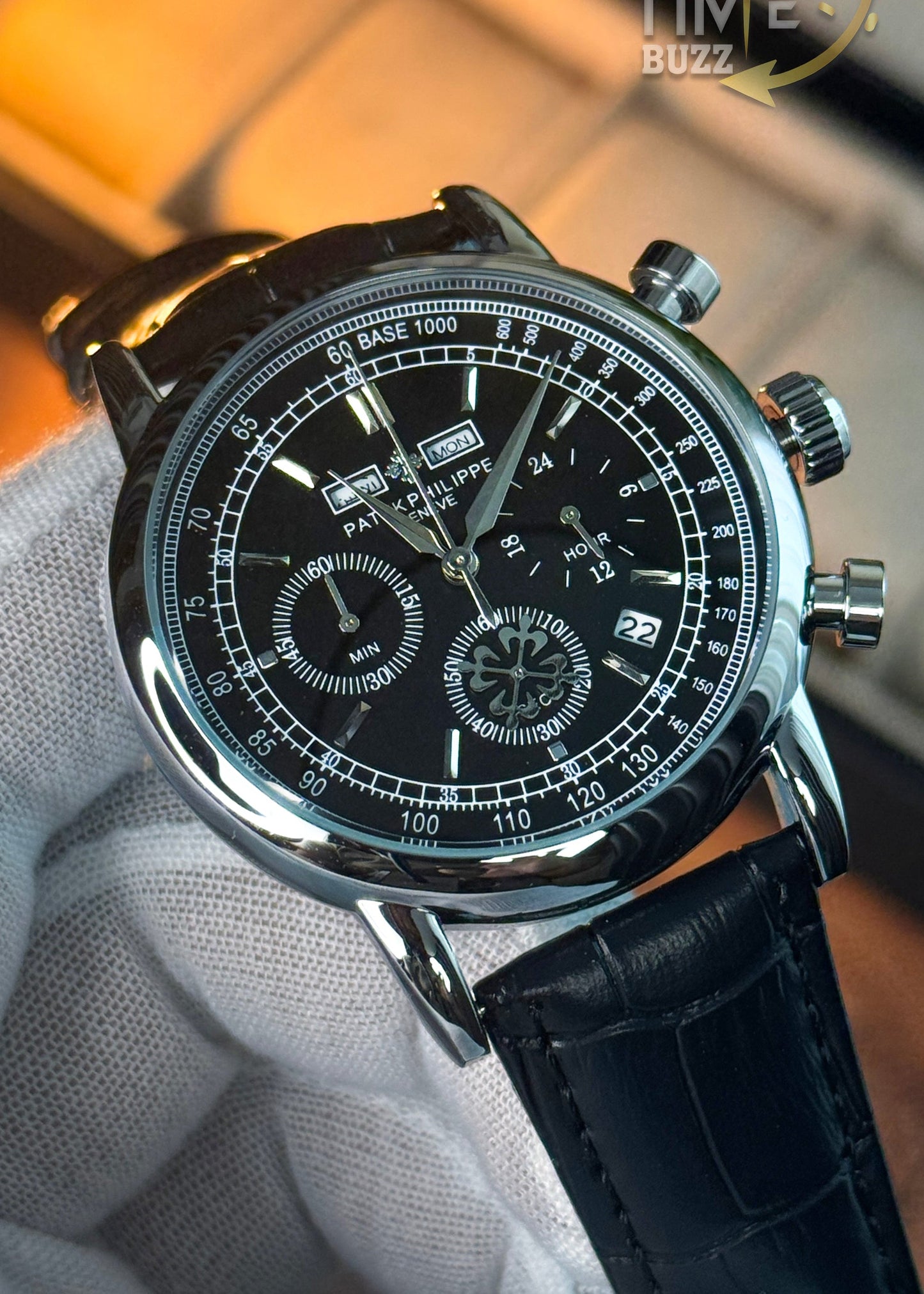Patek Philippe Geneve Men's Chronograph Watch – Black Dial, Day-Date & Black Leather Strap