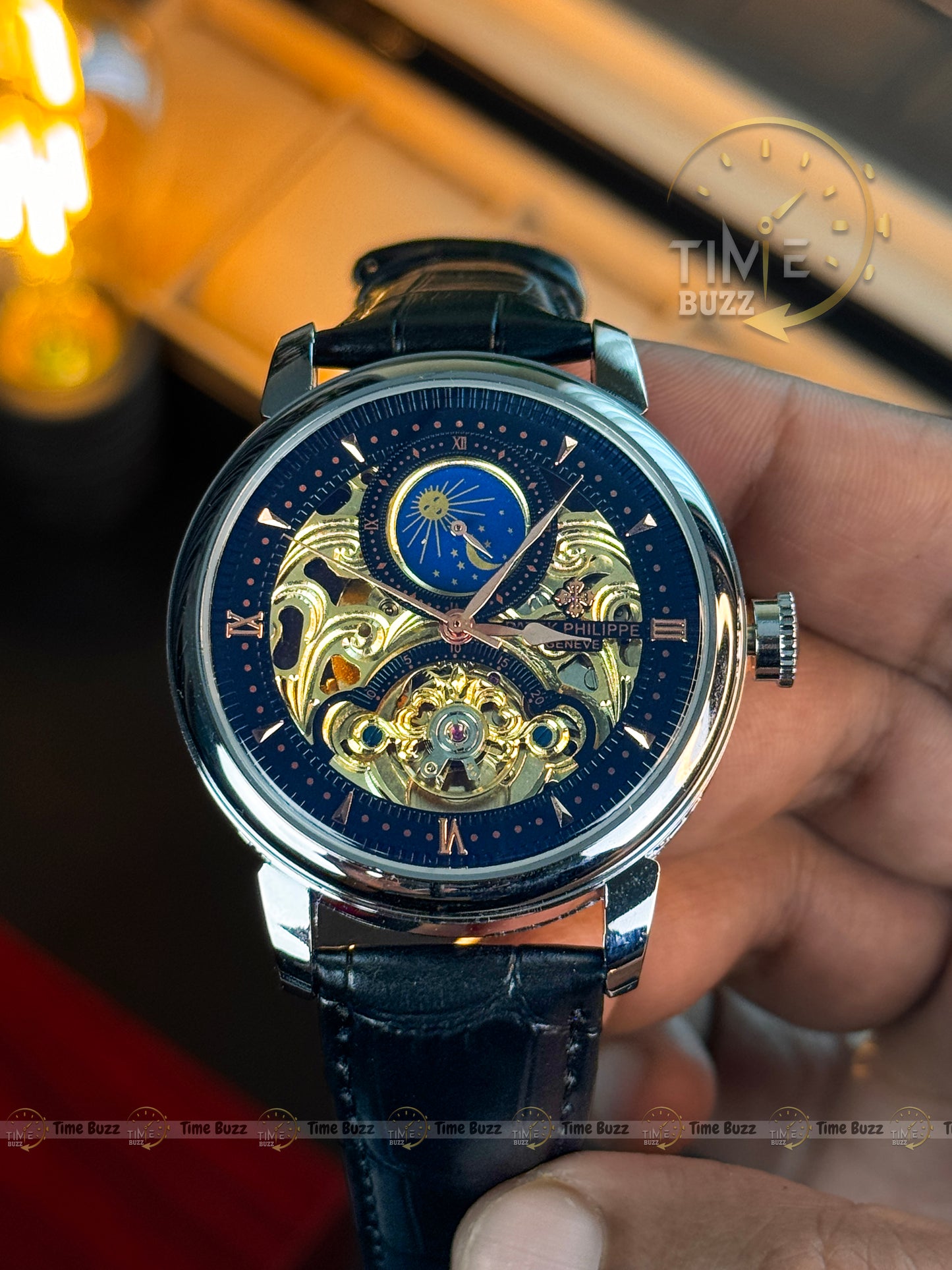 Patek Philippe Skeleton Moonphase Men’s Watch – Black Leather Strap