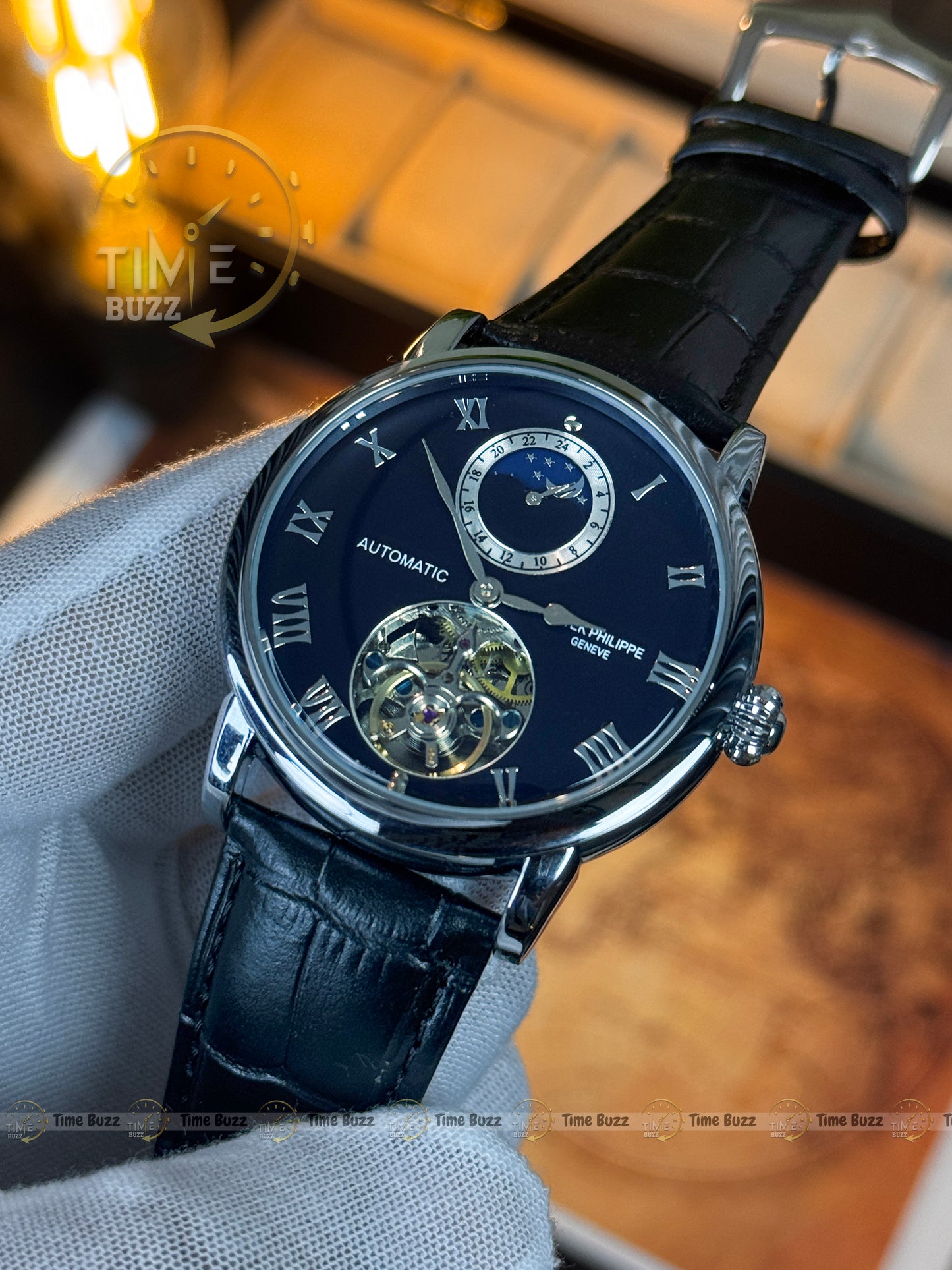 Patek Philippe Automatic Open Heart Moonphase Style Watch – Black Dial & Leather Strap