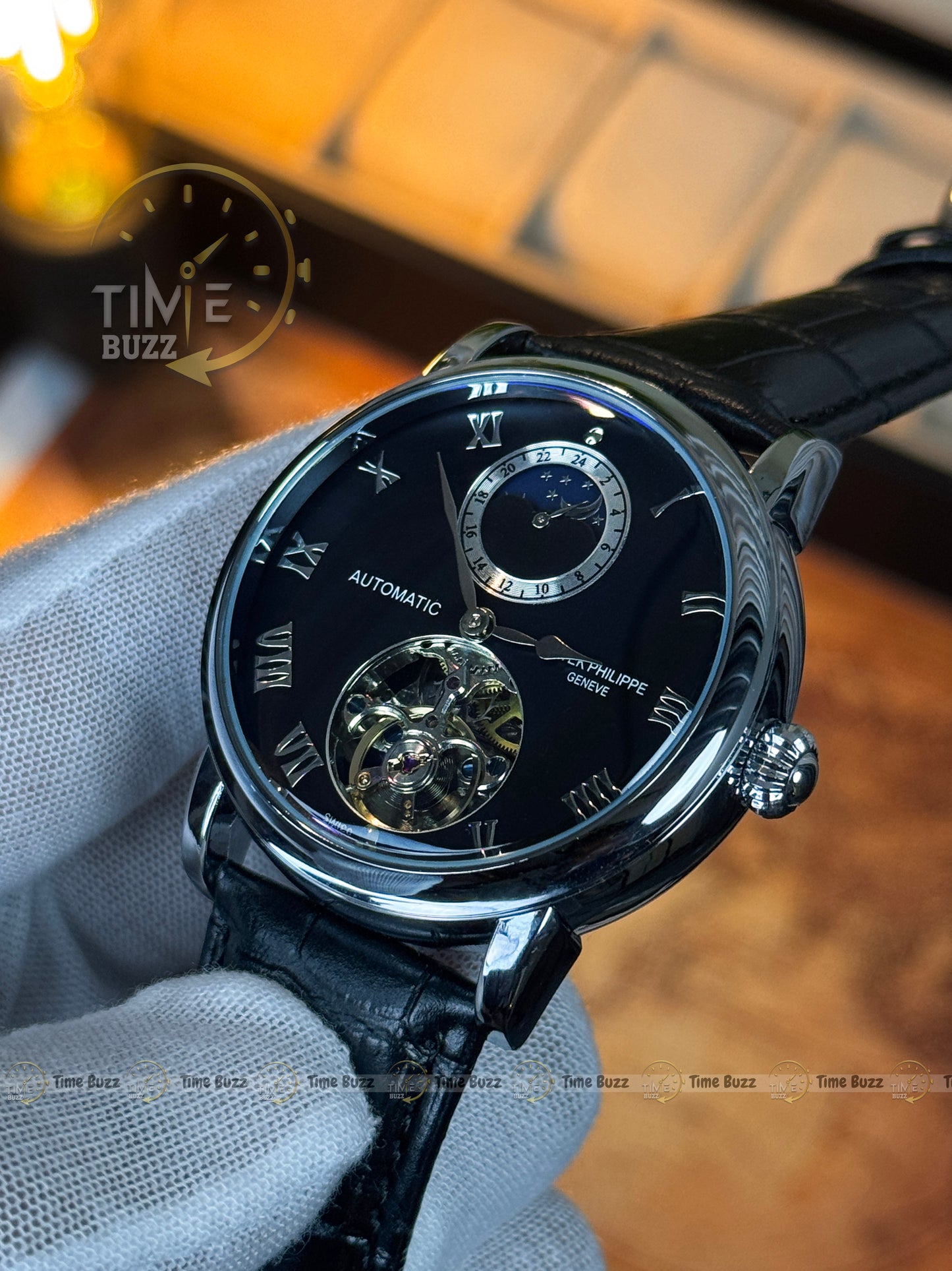 Patek Philippe Automatic Open Heart Moonphase Style Watch – Black Dial & Leather Strap