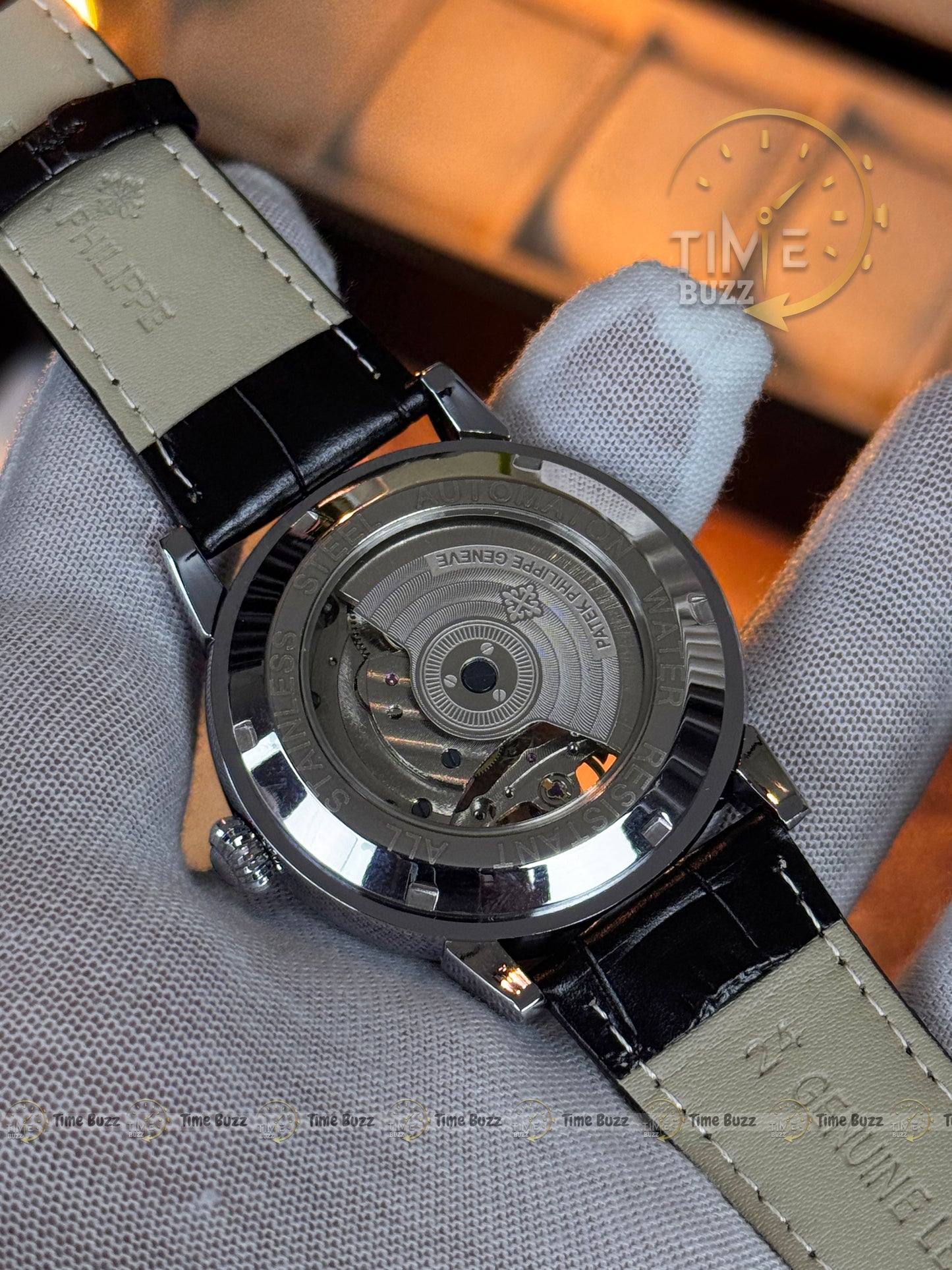 Patek Philippe Automatic Open Heart Moonphase Style Watch – Black Dial & Leather Strap