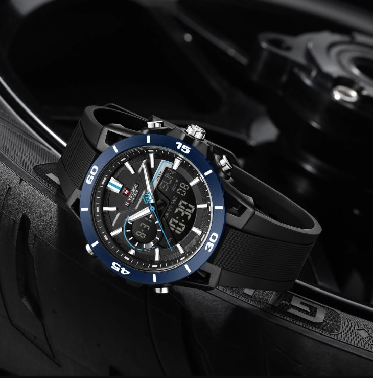 NAVIFORCE 7135 Men’s Dual Display Sports Watch Black Blue– Luminous 50M Waterproof Digital Quartz Wristwatch