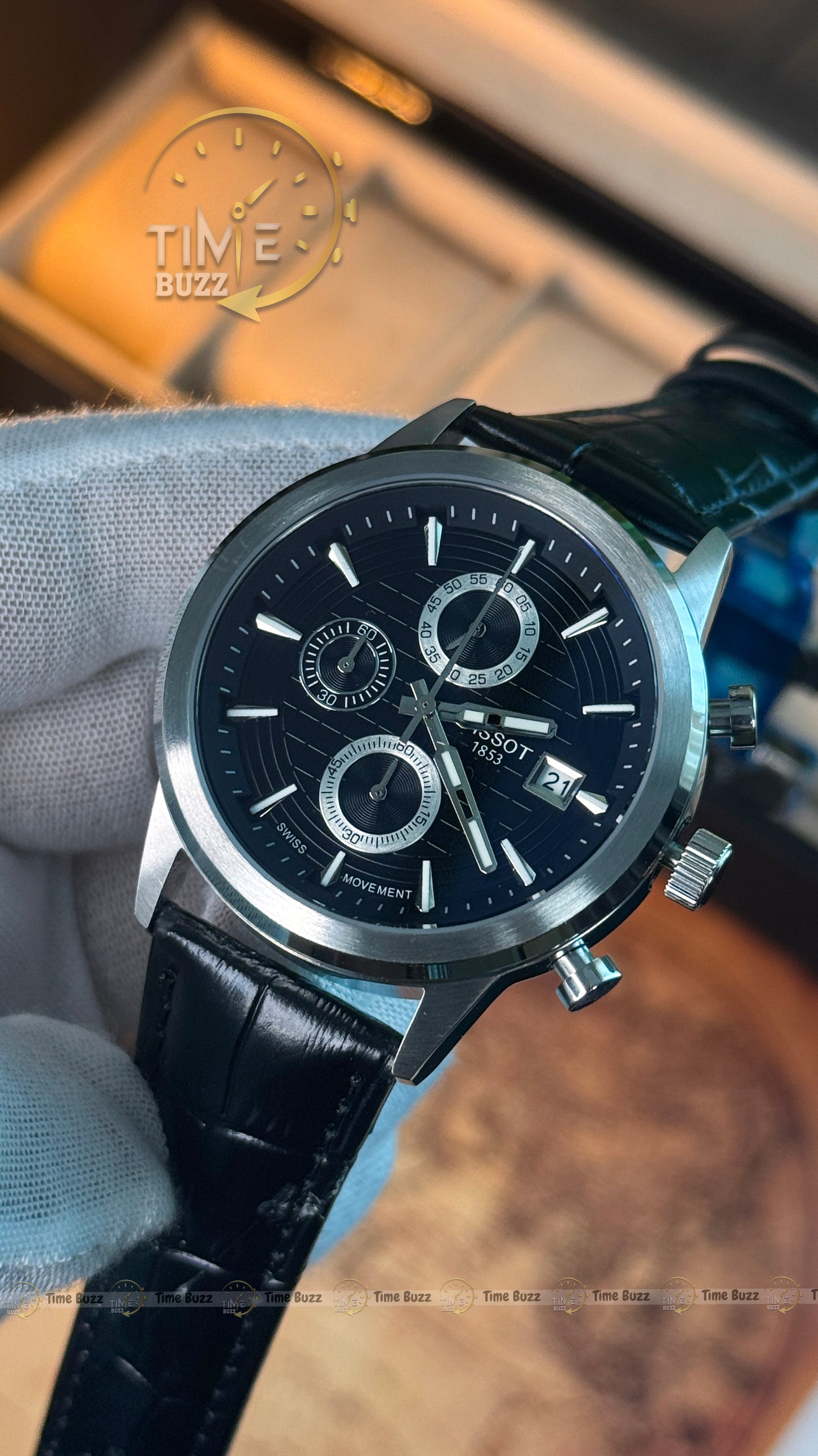 Tissot 1853 Men's Chronograph Watch – Black Dial & Black Leather Strap