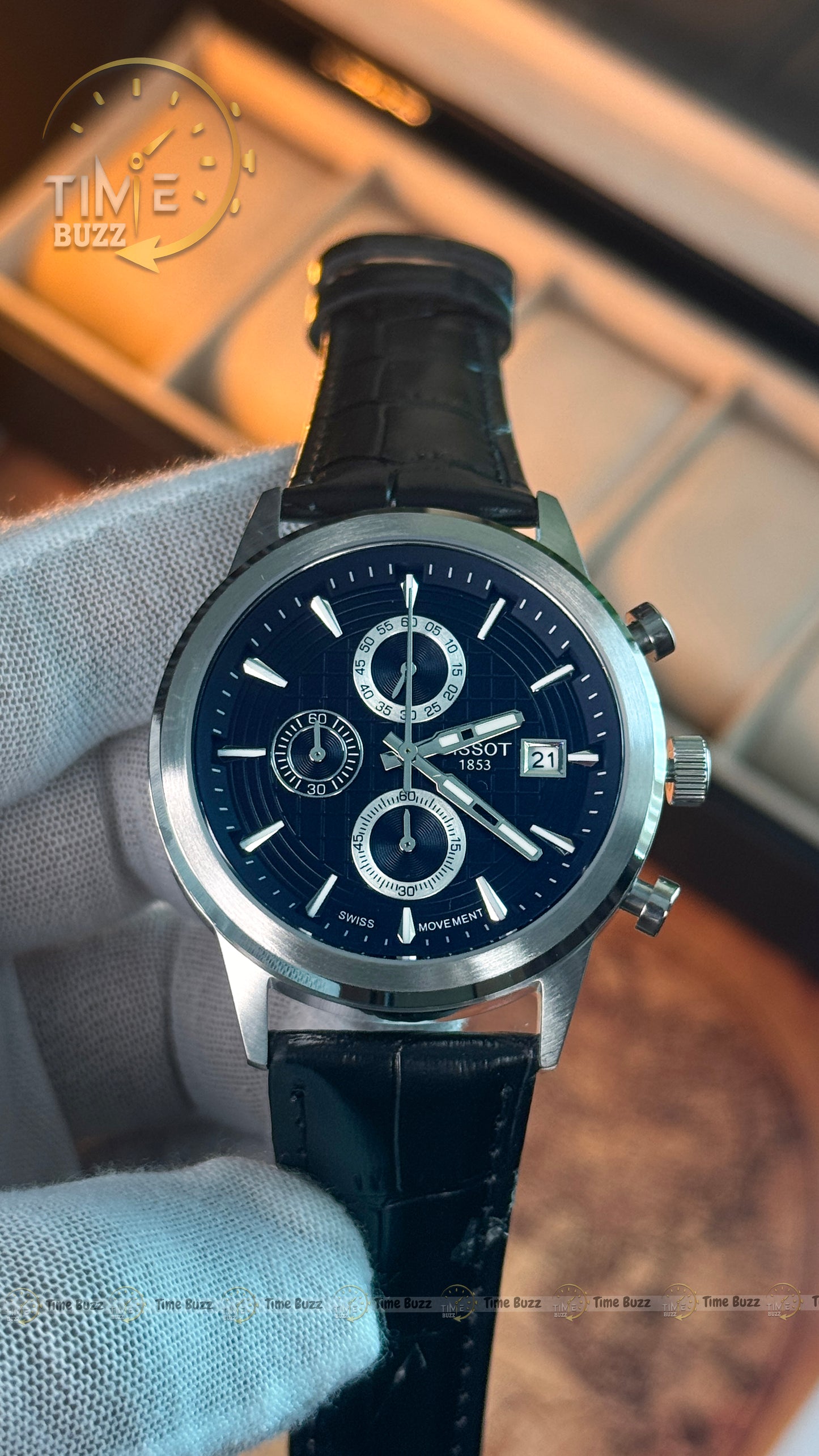 Tissot 1853 Men's Chronograph Watch – Black Dial & Black Leather Strap