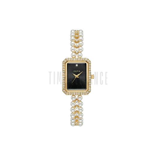 OLIYA 186 Women’s Square Pearl Strap Watch Black Dial – Elegant Jewelry Bracelet Quartz Wristwatch