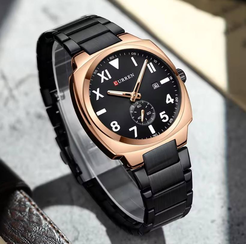 CURREN 8472 Men’s Black Dial Watch – Rose Gold Case & Black Stainless Steel Bracelet