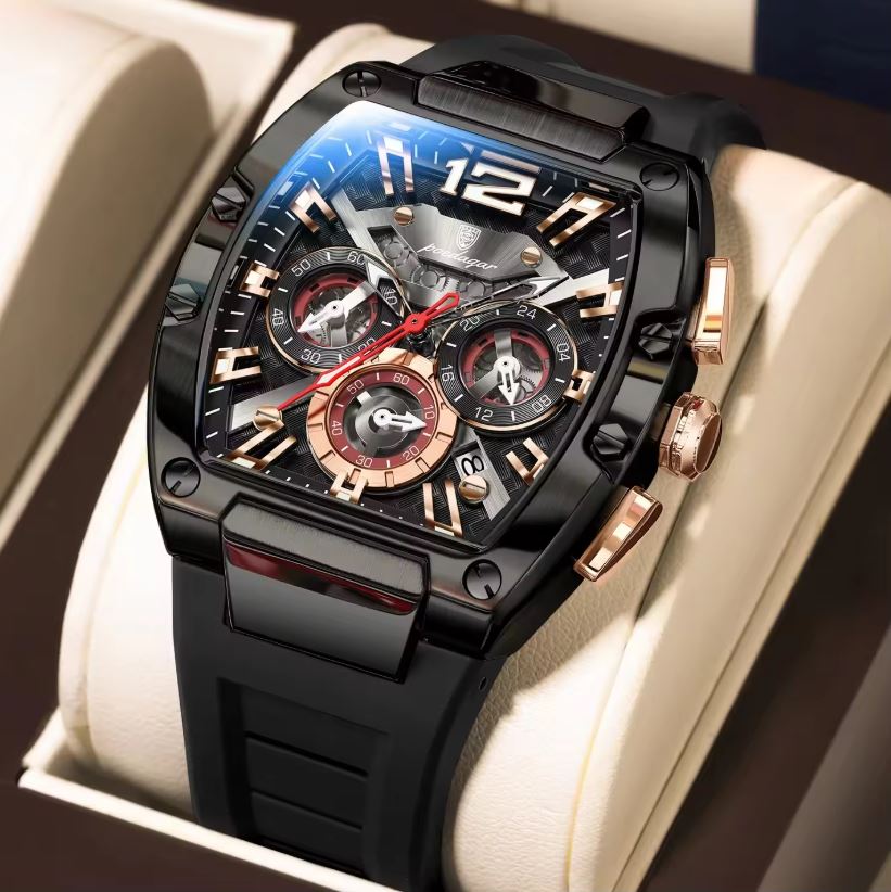 POEDAGAR 9051 Men’s Chronograph Quartz Watch Black– Sport Casual Waterproof Luminous Silicone Wristwatch
