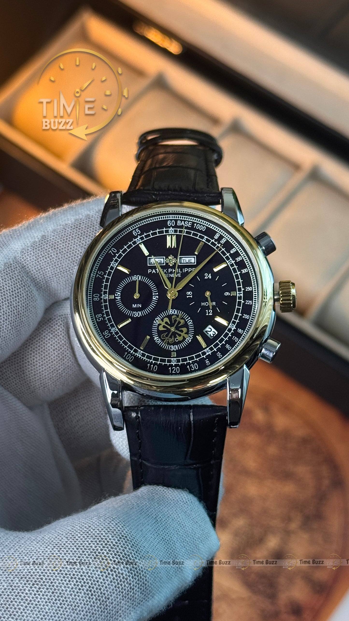 Patek Philippe Geneve Men's Chronograph Watch – Black & Gold Dial | Black Leather Strap