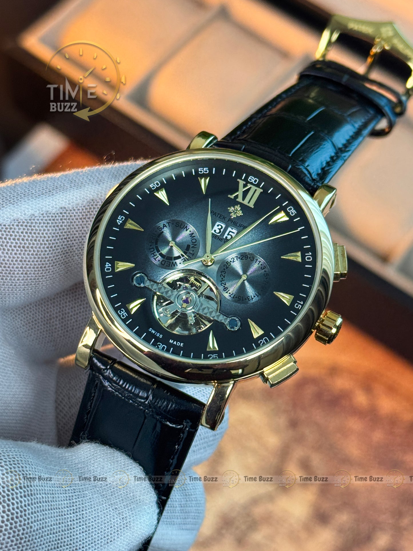Patek Philippe Tourbillon Calendar Men’s Watch – Black Dial & Black Leather Strap