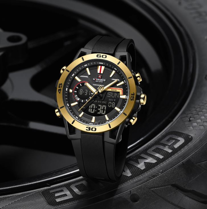NAVIFORCE 7135 Men’s Dual Display Sports Watch Black Gold– Luminous 50M Waterproof Digital Quartz Wristwatch