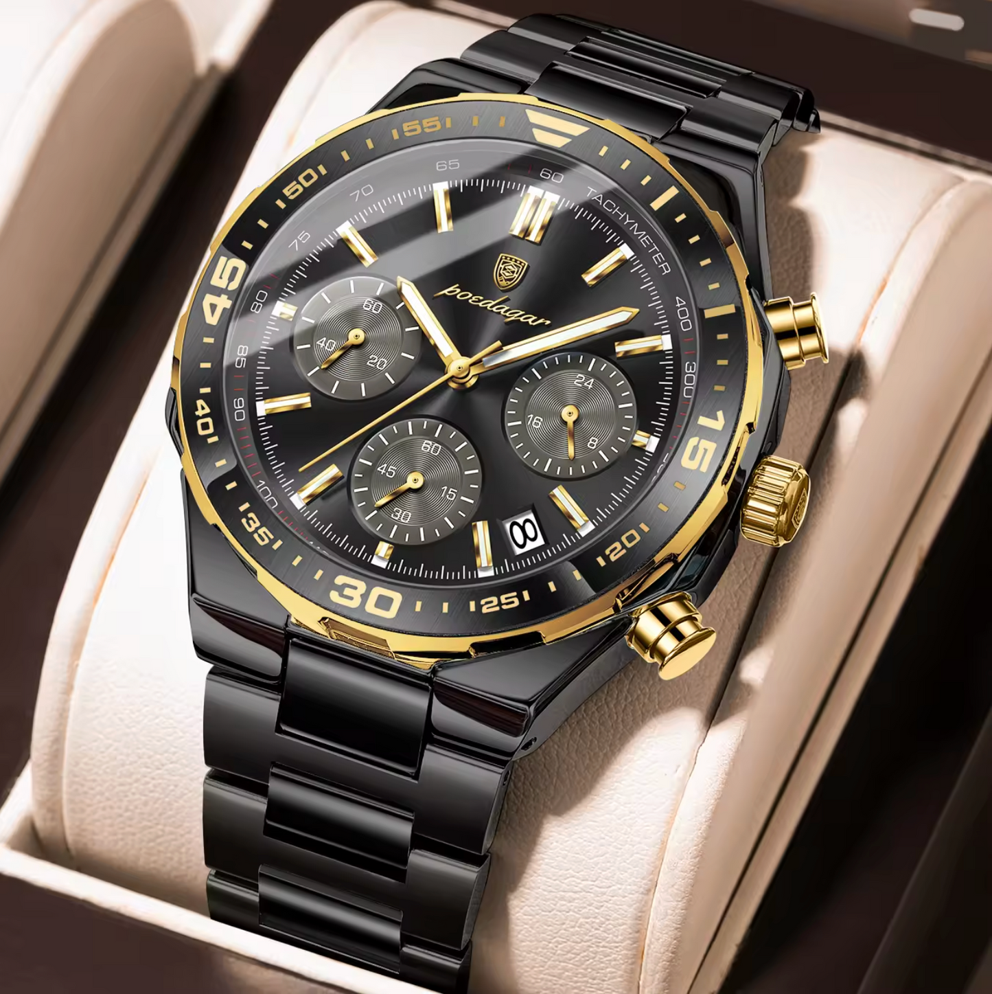 POEDAGAR 697 Men’s Luxury Quartz Chronograph Watch Black Black– Stainless Steel Waterproof Luminous Wristwatch