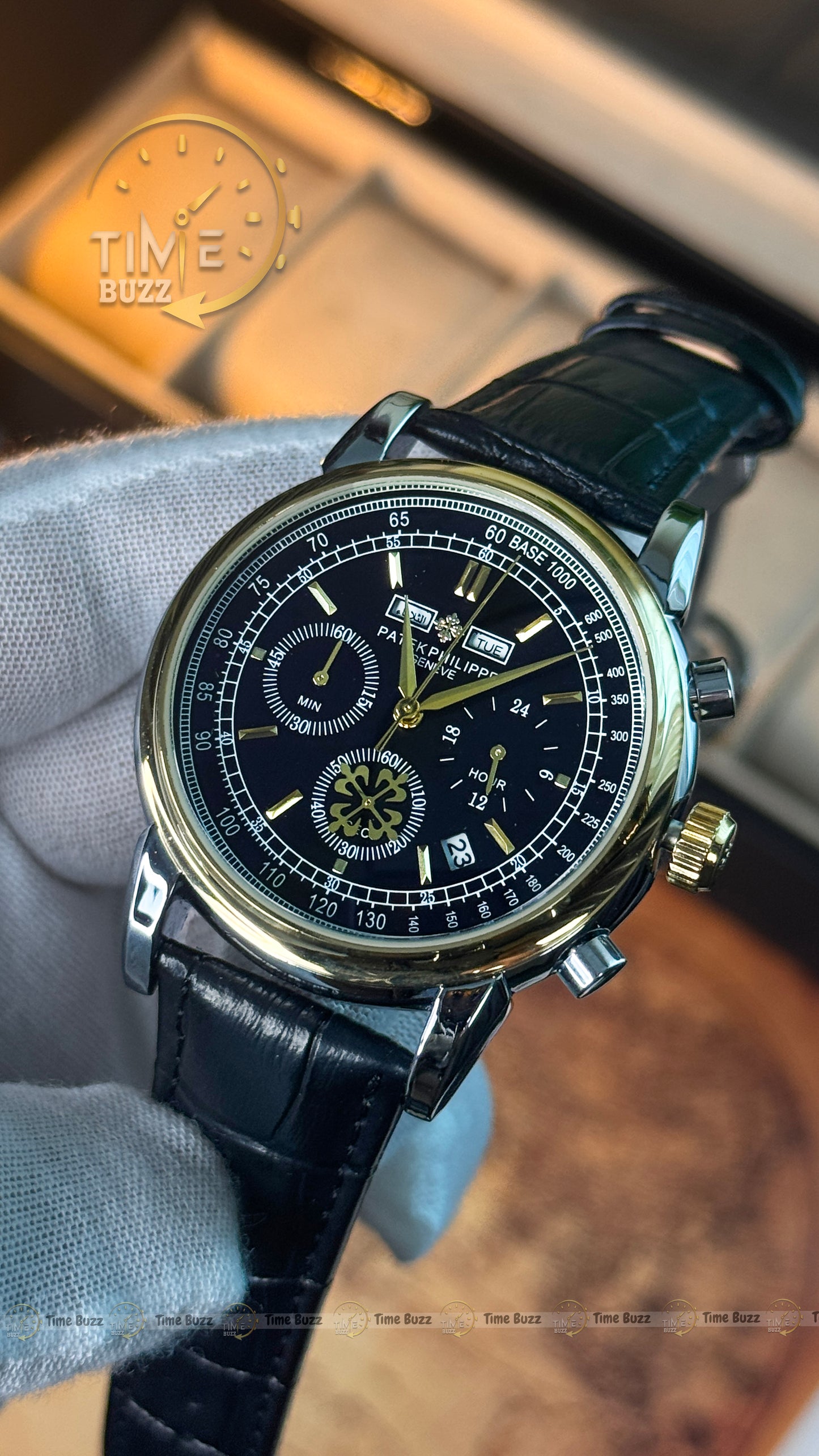 Patek Philippe Geneve Men's Chronograph Watch – Black & Gold Dial | Black Leather Strap