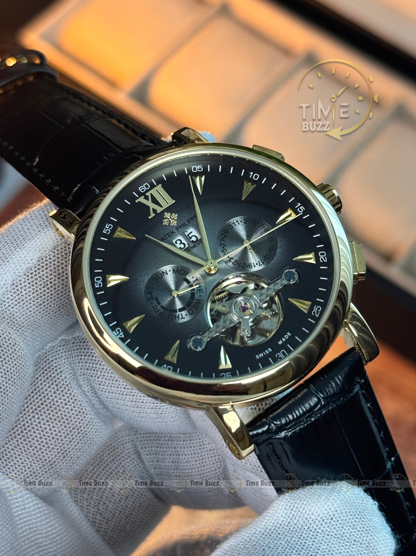 Patek Philippe Tourbillon Calendar Men’s Watch – Black Dial & Black Leather Strap