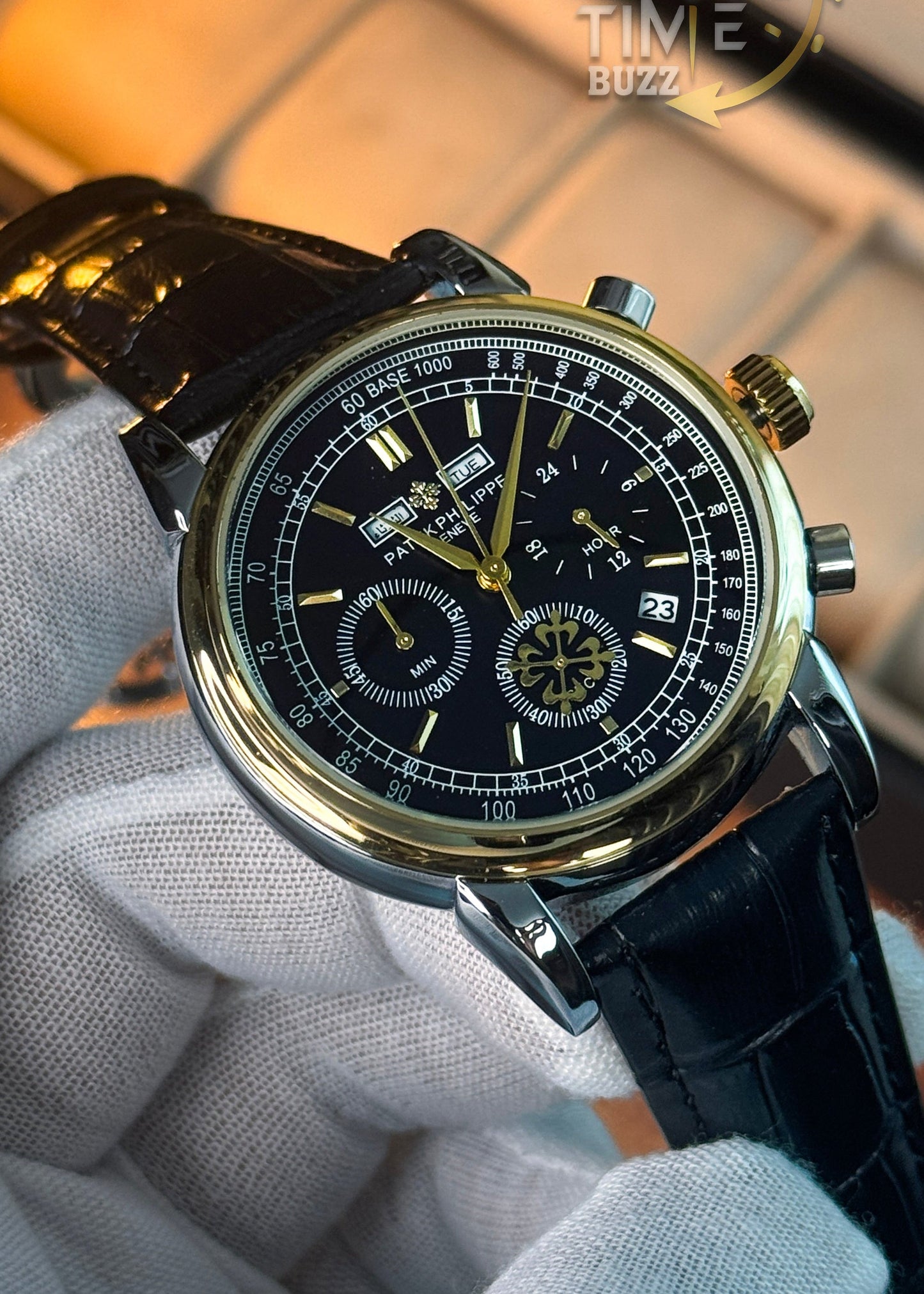 Patek Philippe Geneve Men's Chronograph Watch – Black & Gold Dial | Black Leather Strap