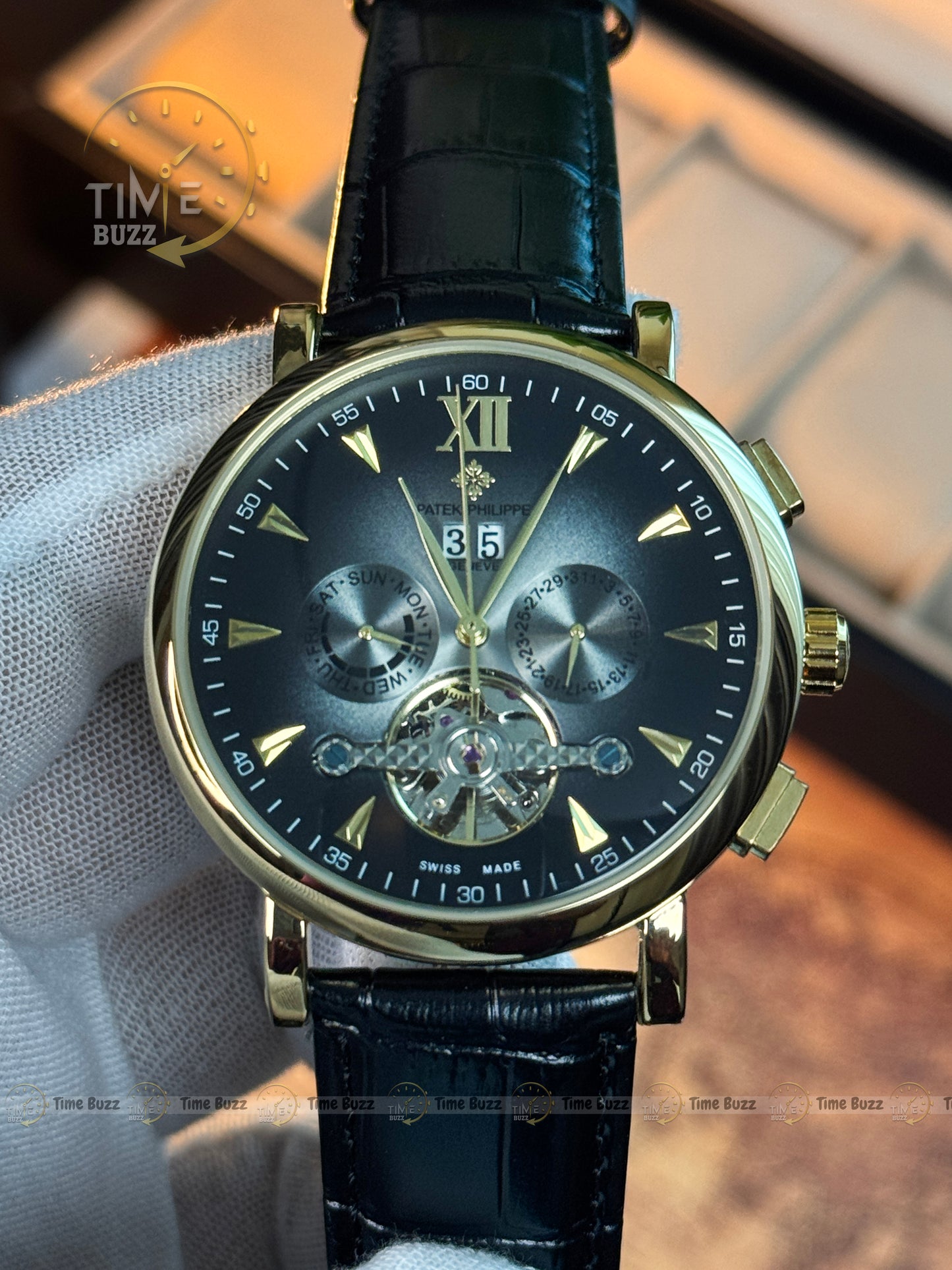 Patek Philippe Tourbillon Calendar Men’s Watch – Black Dial & Black Leather Strap