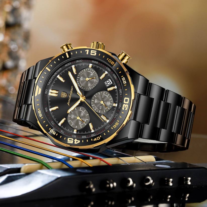 POEDAGAR 697 Men’s Luxury Quartz Chronograph Watch Black Black– Stainless Steel Waterproof Luminous Wristwatch