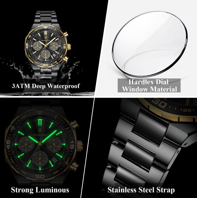 POEDAGAR 697 Men’s Luxury Quartz Chronograph Watch Black Black– Stainless Steel Waterproof Luminous Wristwatch