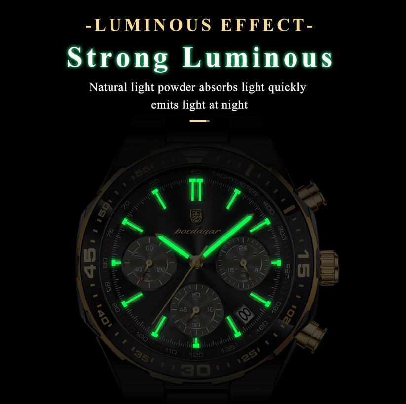 POEDAGAR 697 Men’s Luxury Quartz Chronograph Watch Black Black– Stainless Steel Waterproof Luminous Wristwatch