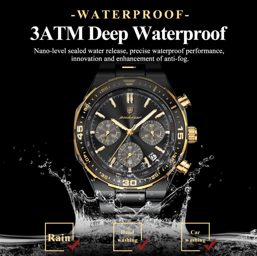 POEDAGAR 697 Men’s Luxury Quartz Chronograph Watch Black Black– Stainless Steel Waterproof Luminous Wristwatch