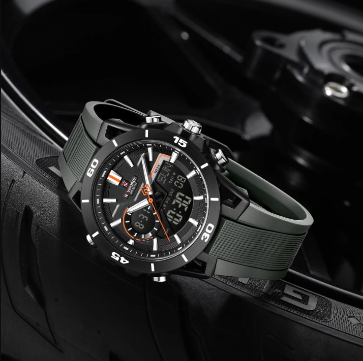 NAVIFORCE 7135 Men’s Dual Display Sports Watch Black Grey– Luminous 50M Waterproof Digital Quartz Wristwatch