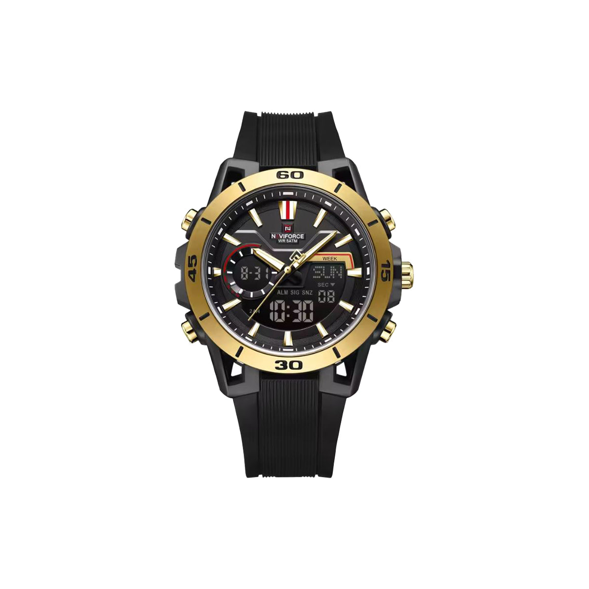 NAVIFORCE 7135 Men’s Dual Display Sports Watch Black Gold– Luminous 50M Waterproof Digital Quartz Wristwatch