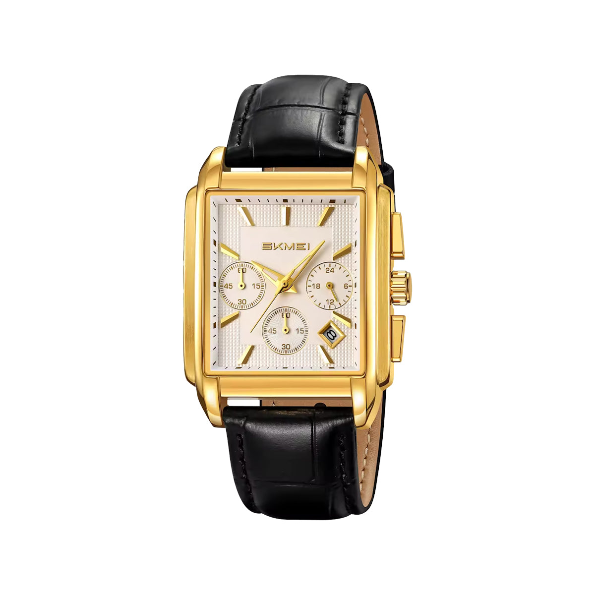 SKMEI 2339 Men’s Square Quartz Watch Golden White – Genuine Leather Waterproof Business Chronograph Wristwatch