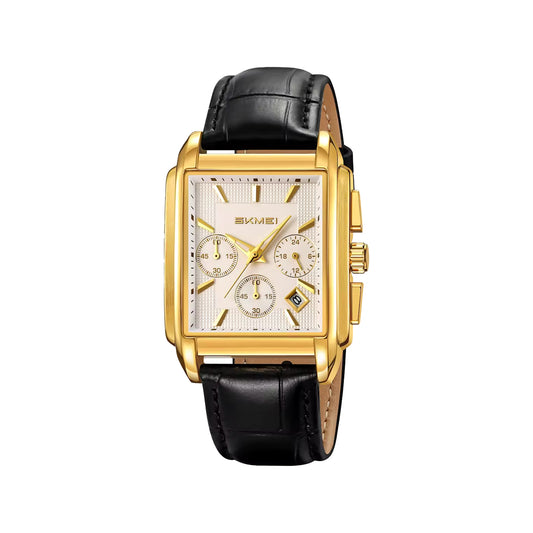 SKMEI 2339 Men’s Square Quartz Watch Golden White – Genuine Leather Waterproof Business Chronograph Wristwatch