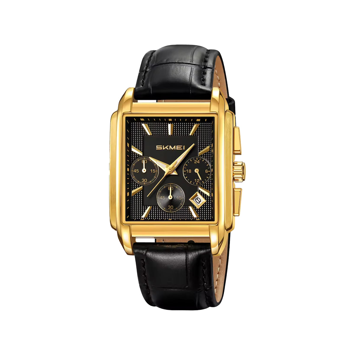 SKMEI 2339 Men’s Square Quartz Watch Golden Black – Genuine Leather Waterproof Business Chronograph Wristwatch