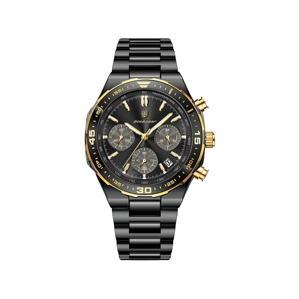 POEDAGAR 697 Men’s Luxury Quartz Chronograph Watch Black Black– Stainless Steel Waterproof Luminous Wristwatch