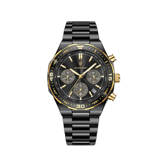 POEDAGAR 697 Men’s Luxury Quartz Chronograph Watch Black Black– Stainless Steel Waterproof Luminous Wristwatch
