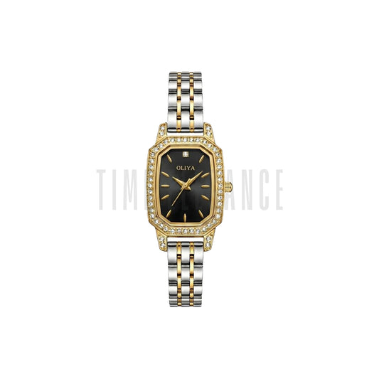 OLIYA 2002 Women’s Diamond-Encrusted Quartz Watch Black Dial – Small Dial Stainless Steel Vintage Wristwatch