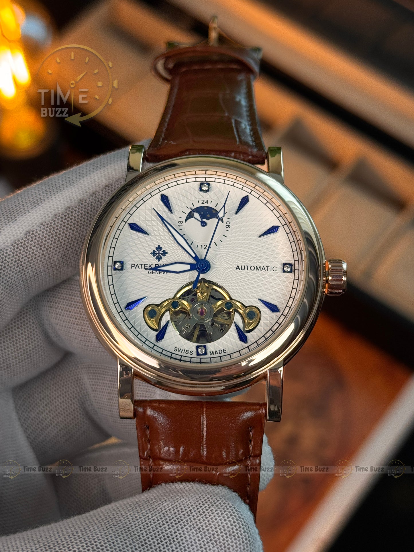 Patek Philippe Automatic Open Heart Watch – White Textured Dial, Blue Hands, Day/Night Display & Brown Leather Strap