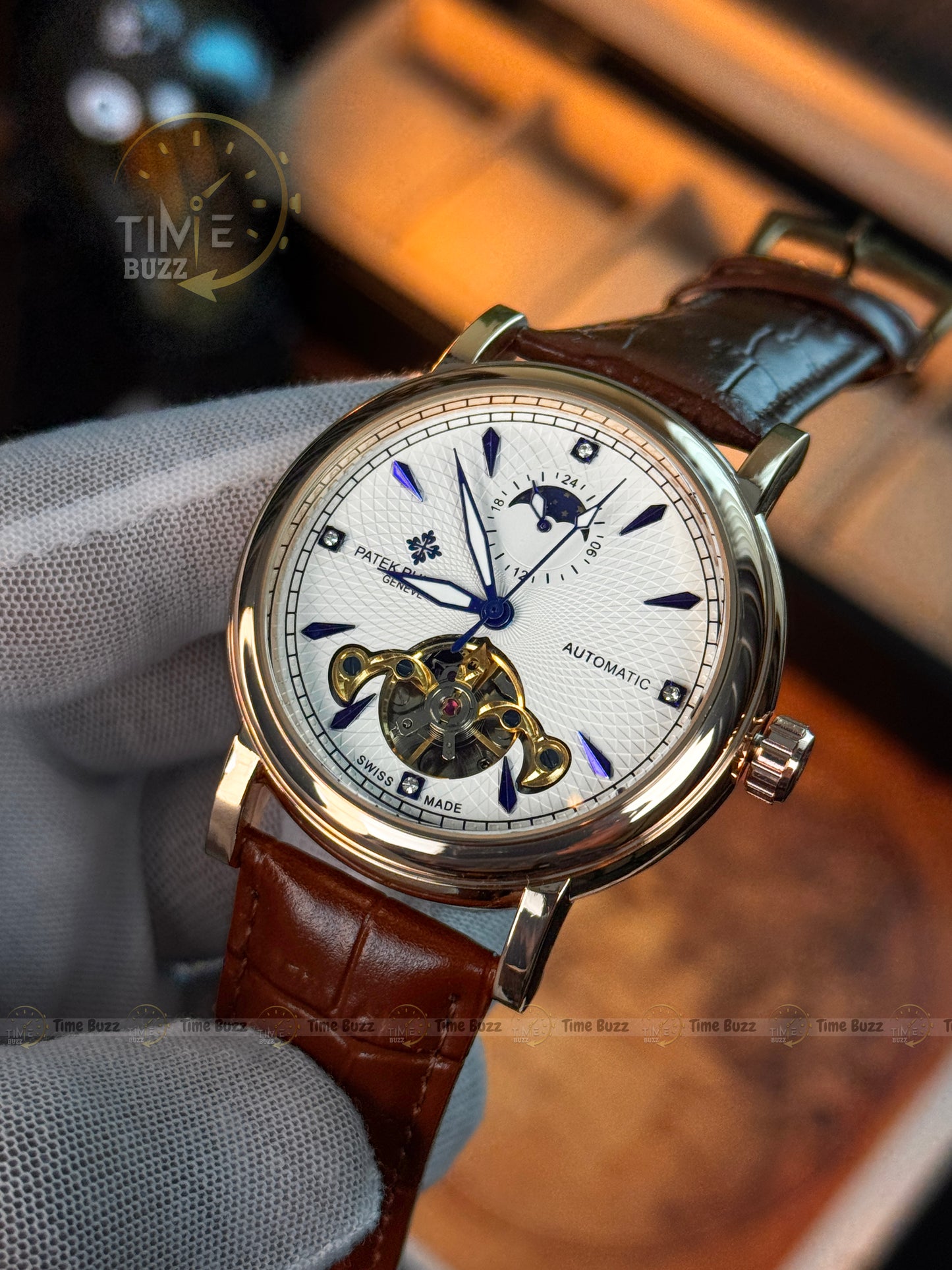Patek Philippe Automatic Open Heart Watch – White Textured Dial, Blue Hands, Day/Night Display & Brown Leather Strap