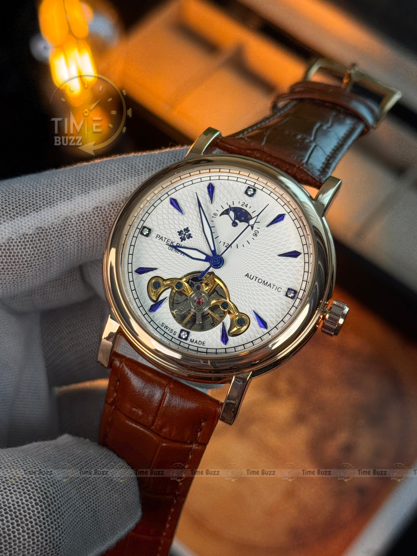 Patek Philippe Automatic Open Heart Watch – White Textured Dial, Blue Hands, Day/Night Display & Brown Leather Strap