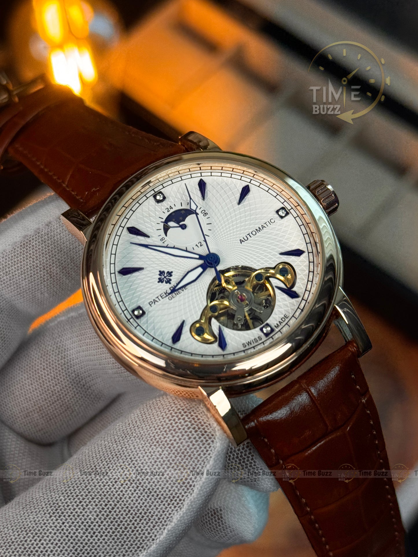 Patek Philippe Automatic Open Heart Watch – White Textured Dial, Blue Hands, Day/Night Display & Brown Leather Strap