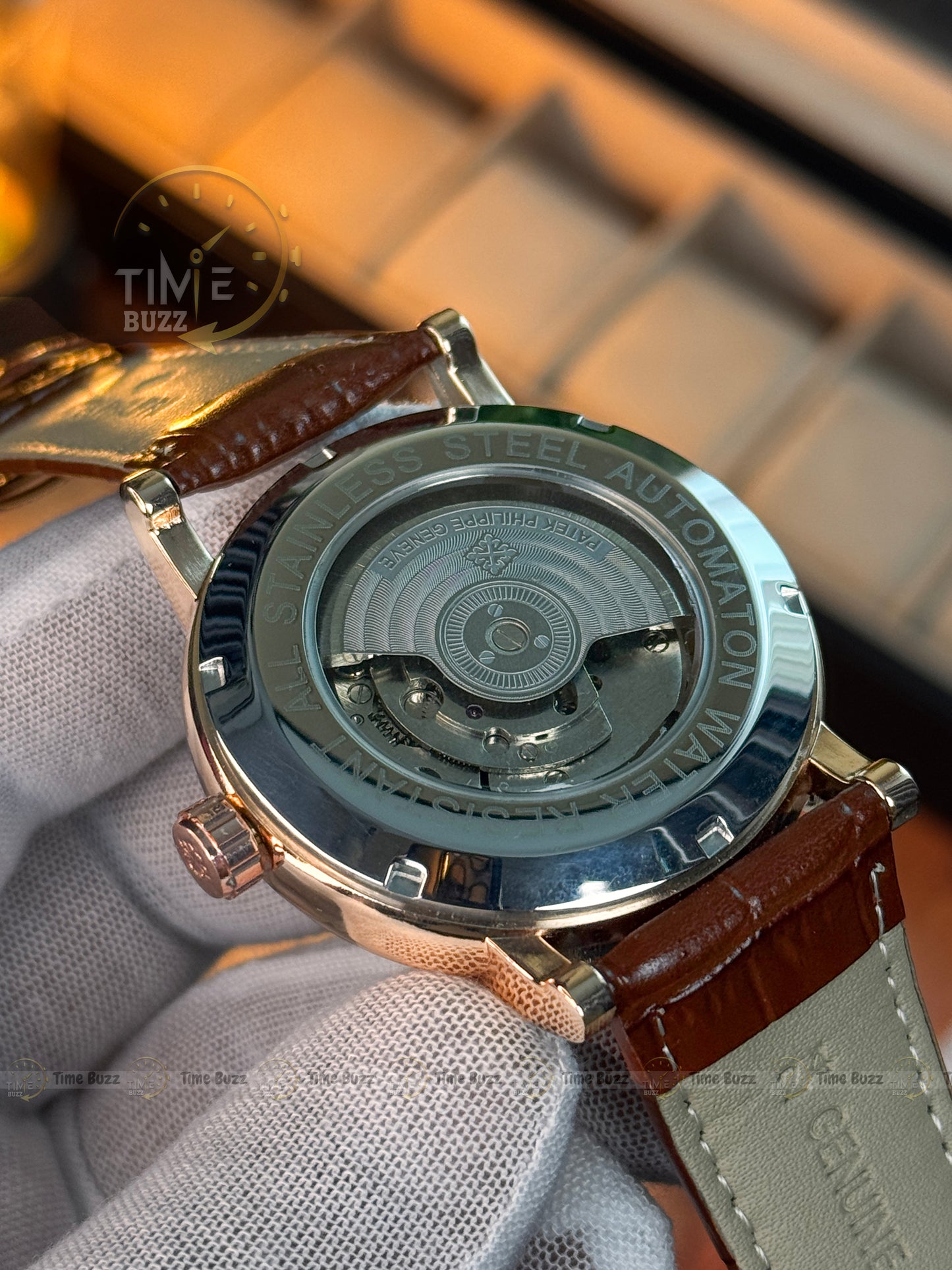 Patek Philippe Automatic Open Heart Watch – White Textured Dial, Blue Hands, Day/Night Display & Brown Leather Strap