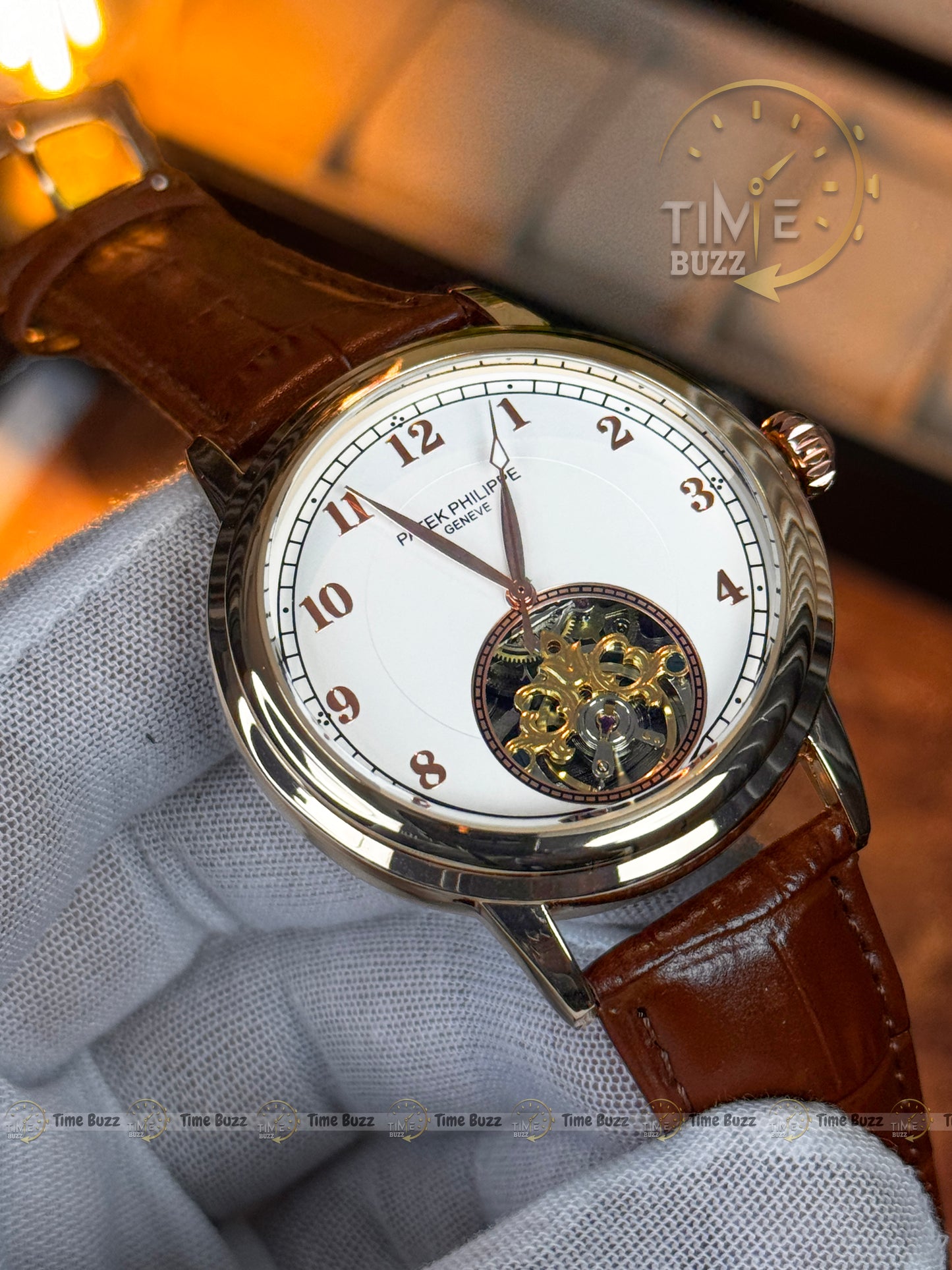 Patek Philippe Automatic Open Heart Watch – White Dial, Rose Gold Tone & Brown Leather Strap