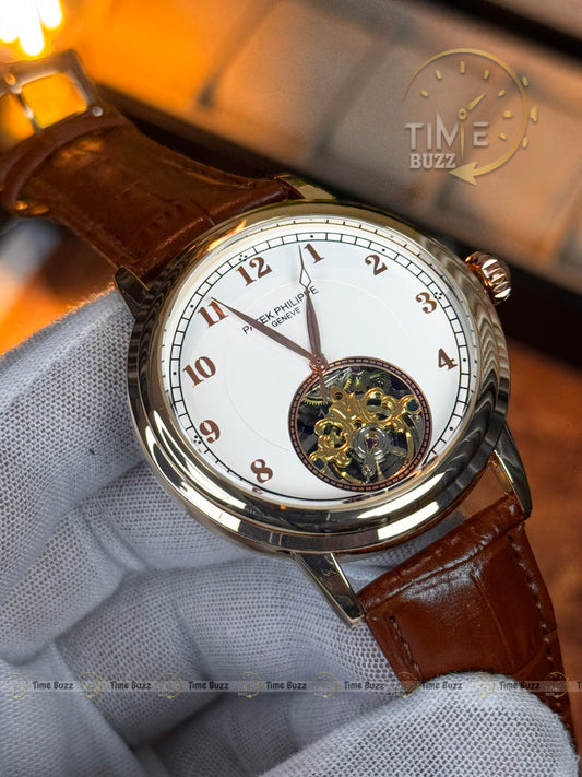 Patek Philippe Automatic Open Heart Watch – White Dial, Rose Gold Tone & Brown Leather Strap