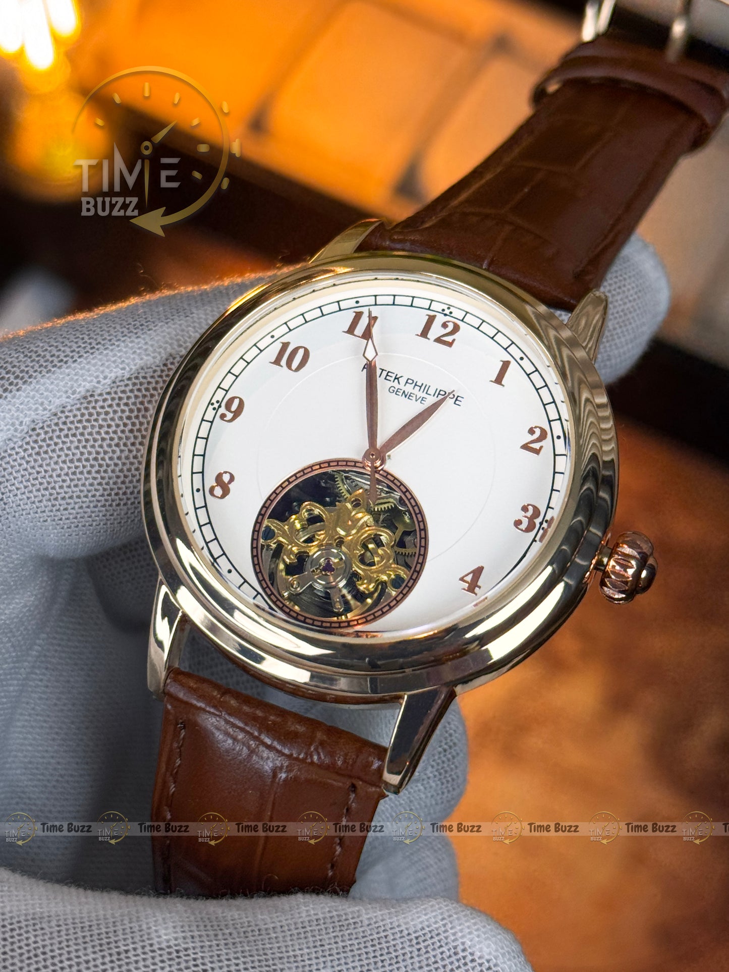 Patek Philippe Automatic Open Heart Watch – White Dial, Rose Gold Tone & Brown Leather Strap