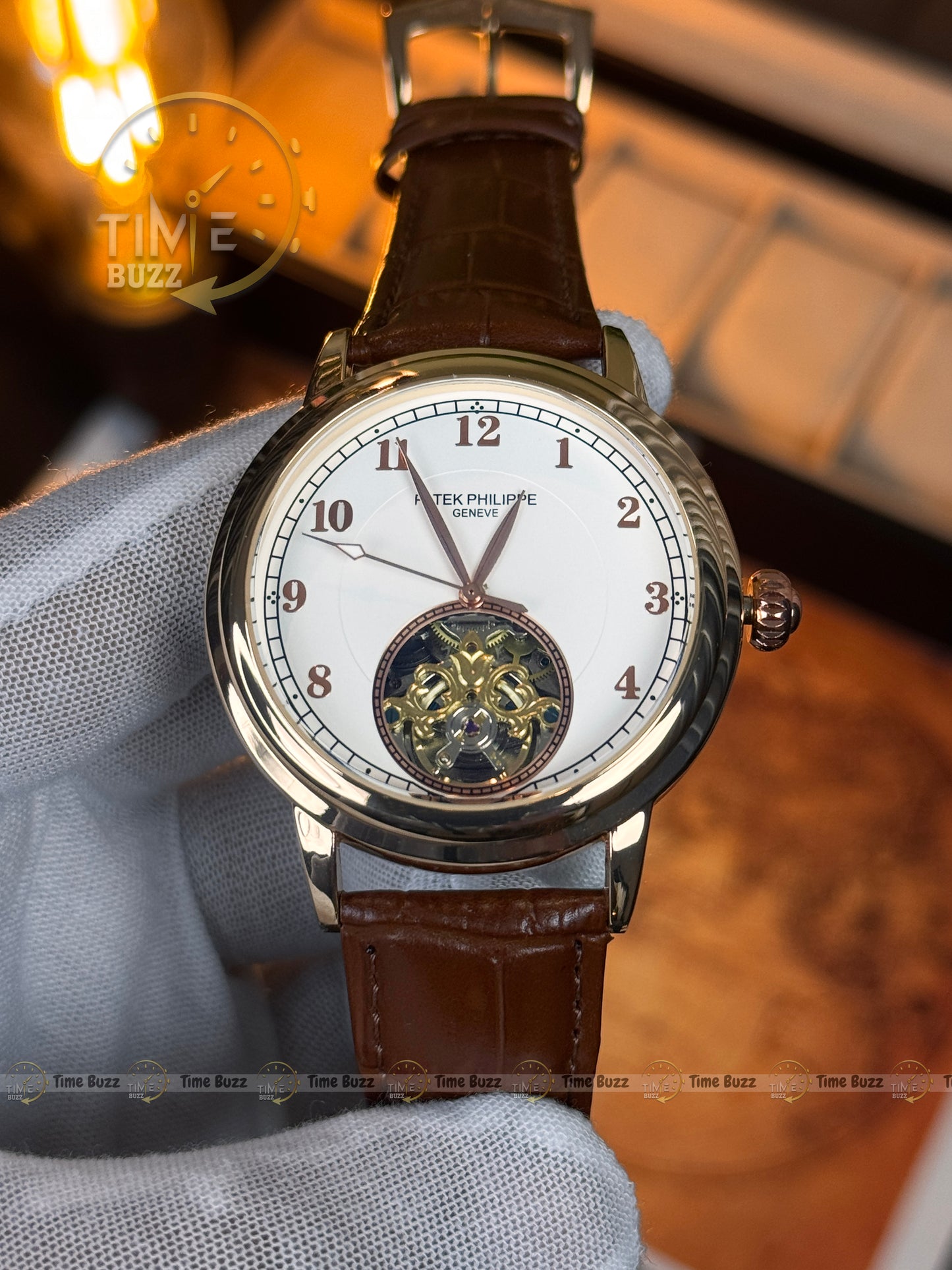 Patek Philippe Automatic Open Heart Watch – White Dial, Rose Gold Tone & Brown Leather Strap