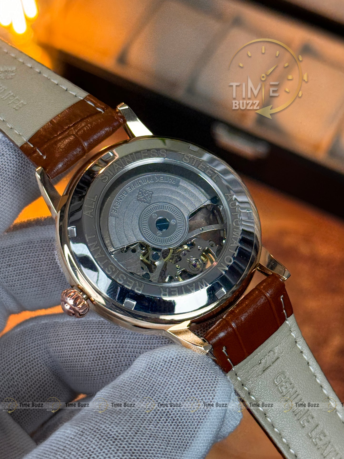 Patek Philippe Automatic Open Heart Watch – White Dial, Rose Gold Tone & Brown Leather Strap