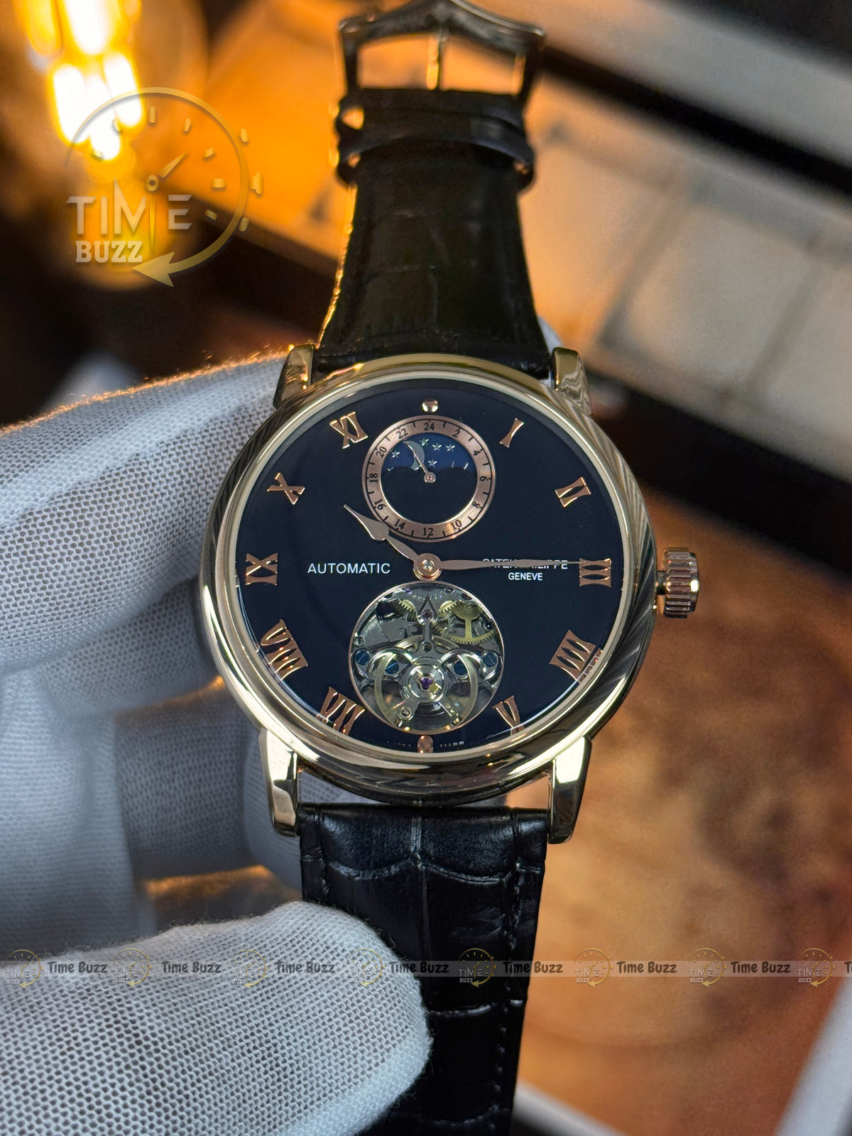 Patek Philippe Automatic Open Heart Watch – Black Dial, Rose-Gold-Tone Roman Numerals & Leather Strap