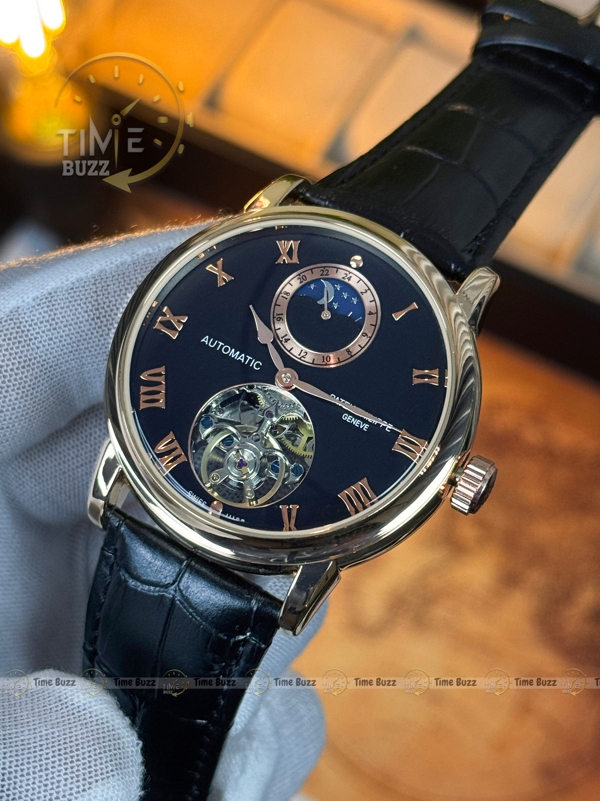 Patek Philippe Automatic Open Heart Watch – Black Dial, Rose-Gold-Tone Roman Numerals & Leather Strap