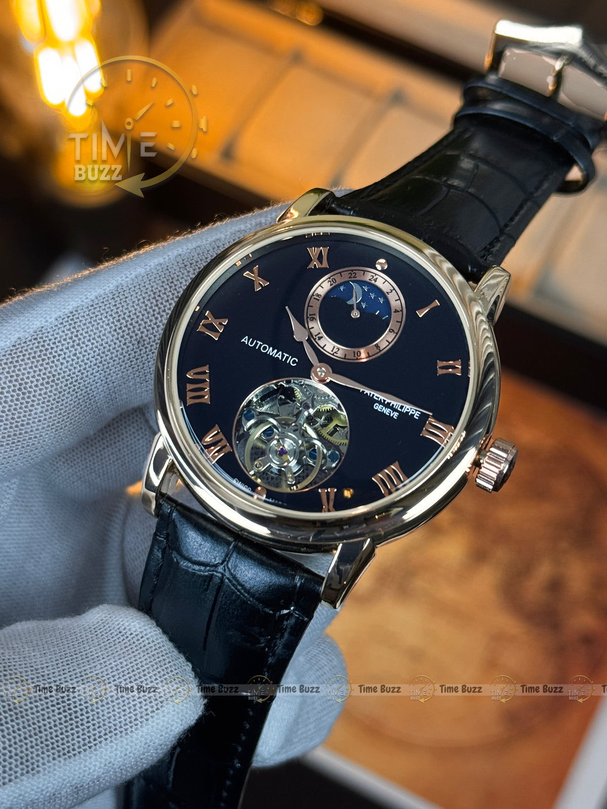 Patek Philippe Automatic Open Heart Watch – Black Dial, Rose-Gold-Tone Roman Numerals & Leather Strap