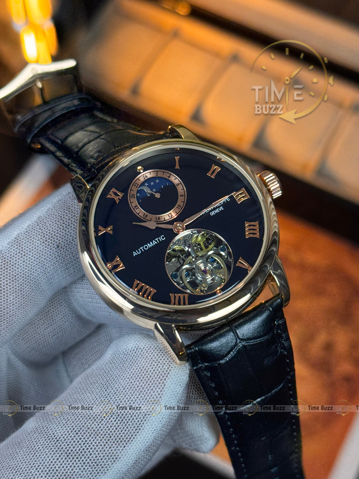 Patek Philippe Automatic Open Heart Watch – Black Dial, Rose-Gold-Tone Roman Numerals & Leather Strap
