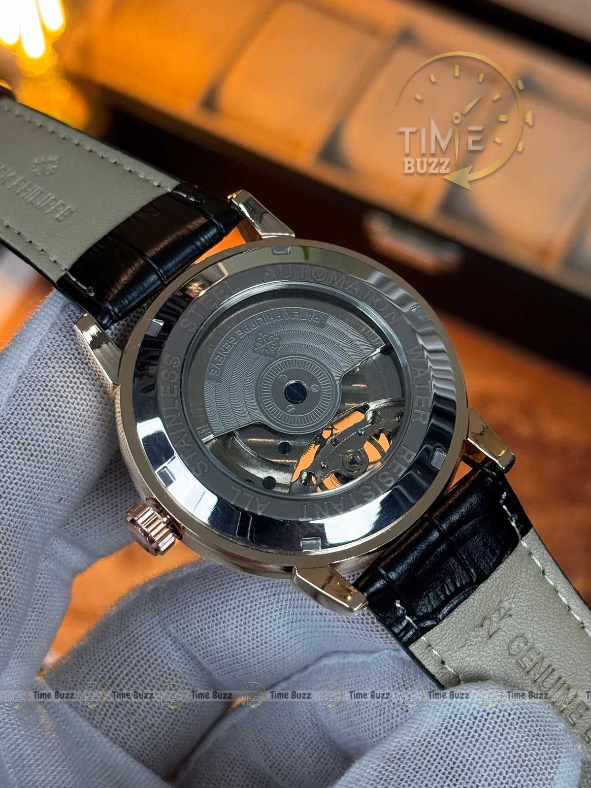 Patek Philippe Automatic Open Heart Watch – Black Dial, Rose-Gold-Tone Roman Numerals & Leather Strap