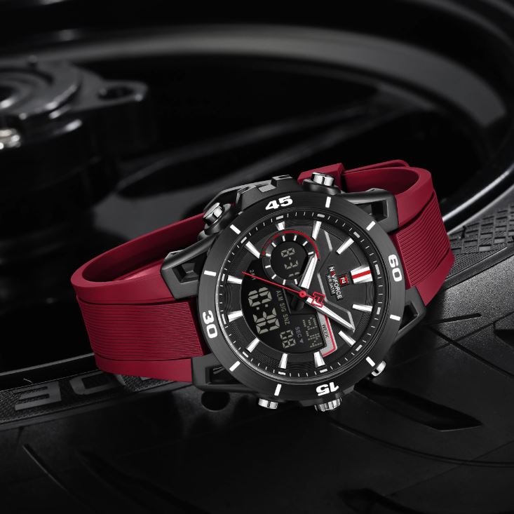 NAVIFORCE 7135 Men’s Dual Display Sports Watch Black Red– Luminous 50M Waterproof Digital Quartz Wristwatch
