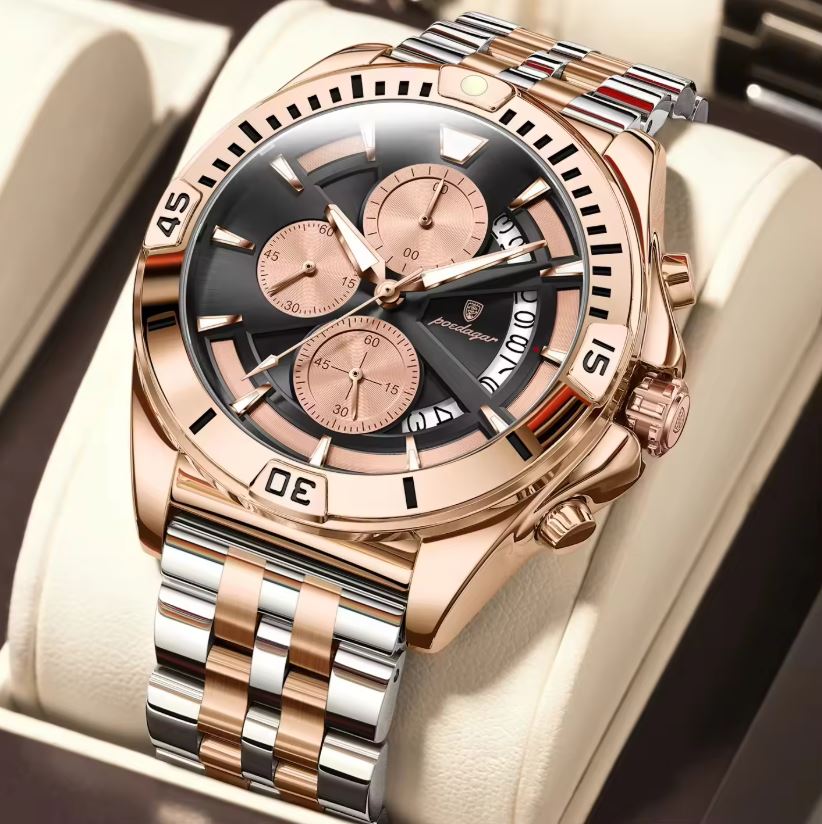 POEDAGAR 695 Men’s Sports Quartz Watch Rose Gold Black – Stainless Steel Luxury Chronograph Wristwatch